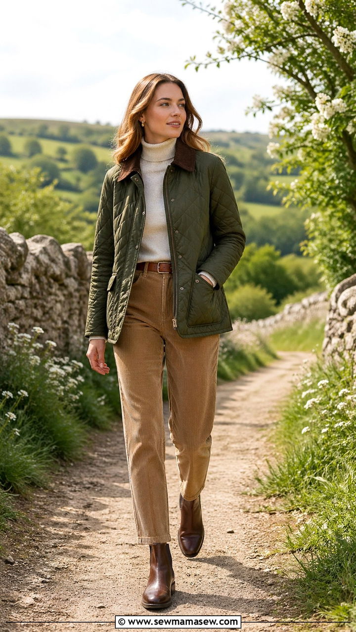 Quilted Jacket With Turtleneck And Corduroy Pants - 30 Spring cozy outfit ideas