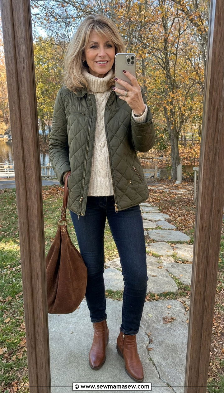 Quilted Jacket With a Chunky Knit and Ankle Boots - 30 Best jackets for women over 50