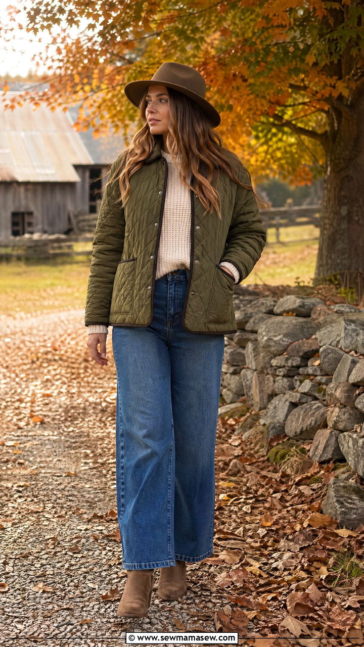Quilted Jacket and Ankle Boots with Wide Leg Jeans - 35 wide leg jeans outfits for women