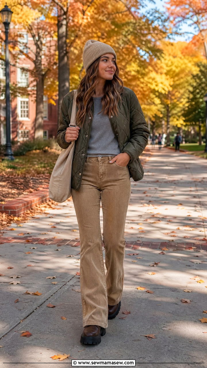 Quilted Jacket and Corduroy Flared Pants Outfit - 35 cute back to school outfits