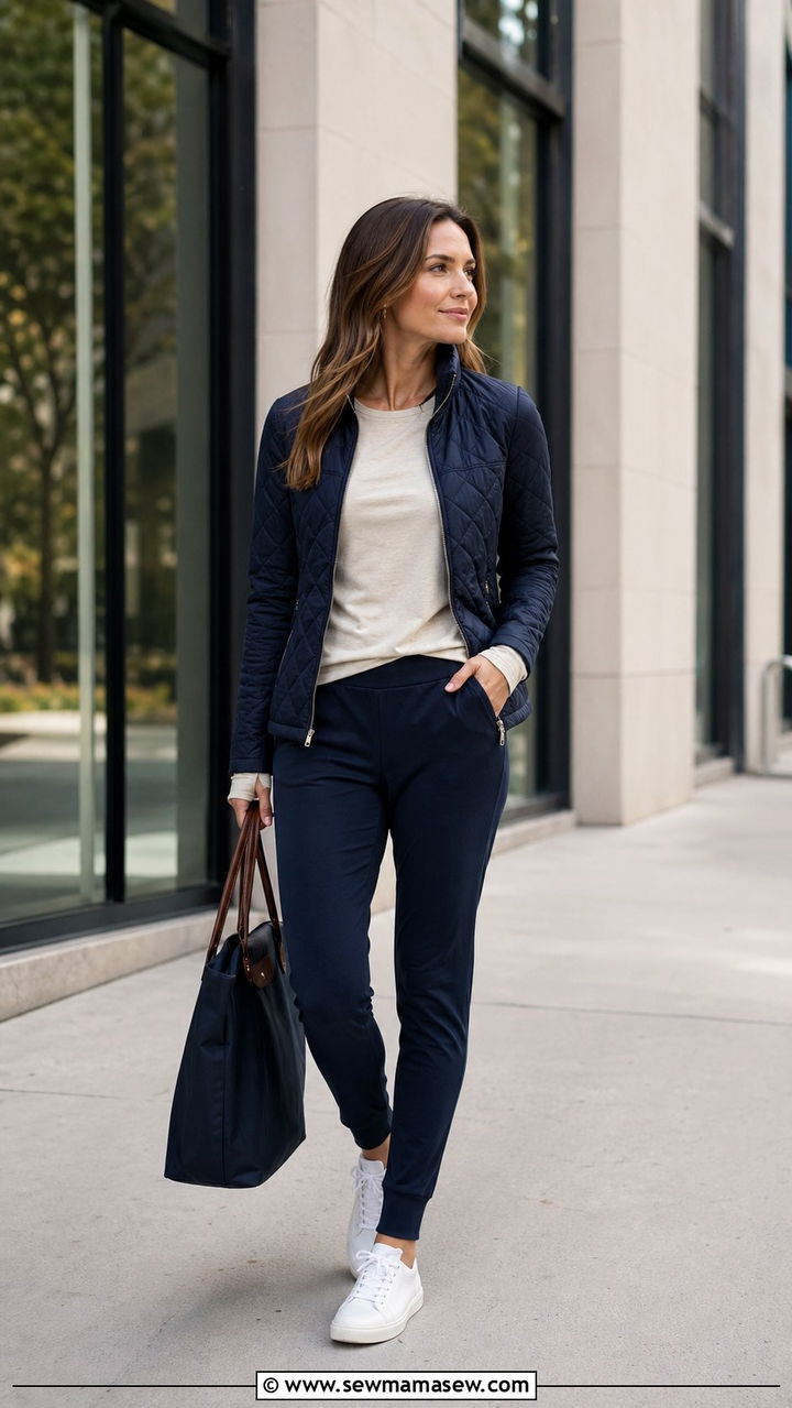 Quilted Jacket and Jogger Trousers - 30 Airport outfit ideas for red eye flight