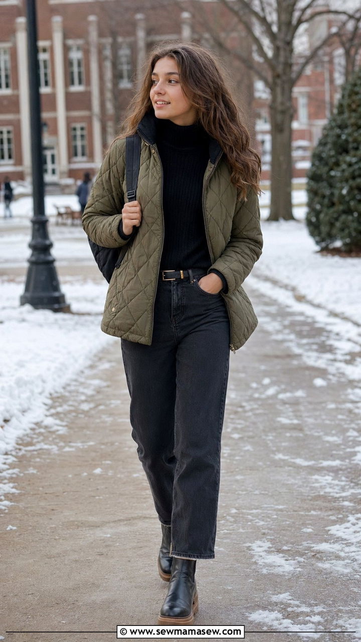 Quilted Jacket and Turtleneck School Outfit - 35 School outfit ideas for teens