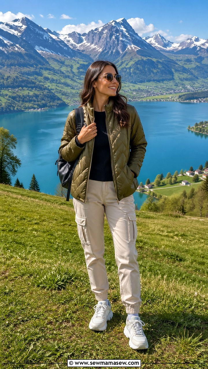Quilted Jacket with Cargo Pants and Chunky Sneakers - 30 spring europe travel outfit ideas