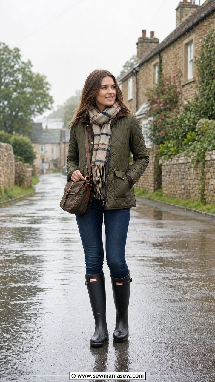 Quilted Jacket with Dark Denim and Classic Rain Boots - 35 Rainy summer outfits
