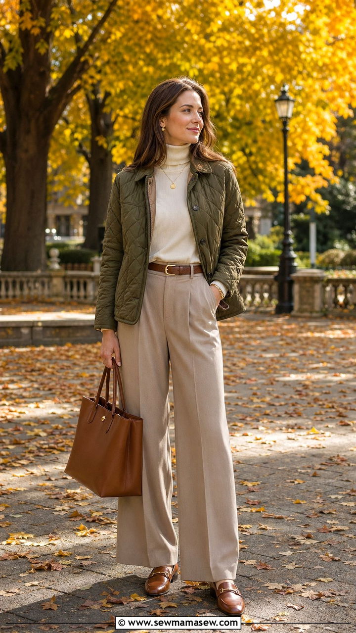 Quilted Jacket with Fine Knit Turtleneck and Wide Leg Trousers - 35 Old money brunch outfit ideas