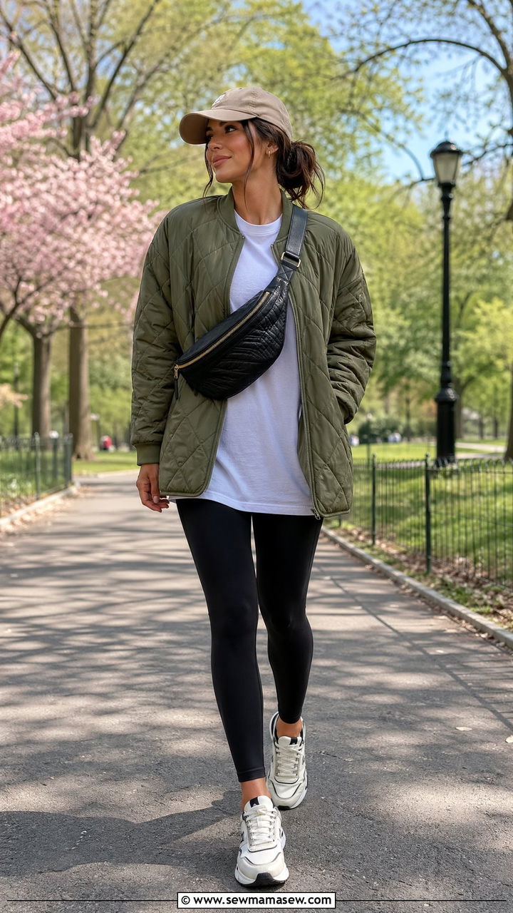 Quilted Jacket with Leggings and Sporty Sneakers - 35 Cool spring outfits