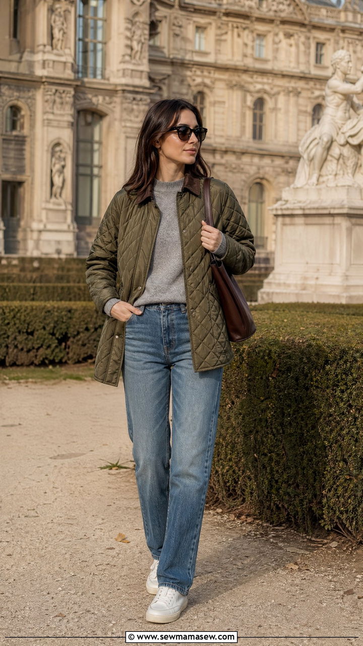 Quilted Jacket with Straight Leg Jeans and White Sneakers - 35 Spring Paris outfit ideas
