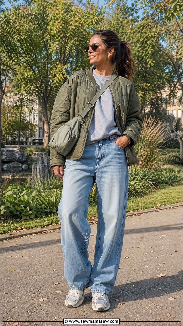 Quilted Jacket with Sweatshirt and Baggy Jeans - 35 transitional outfits casual