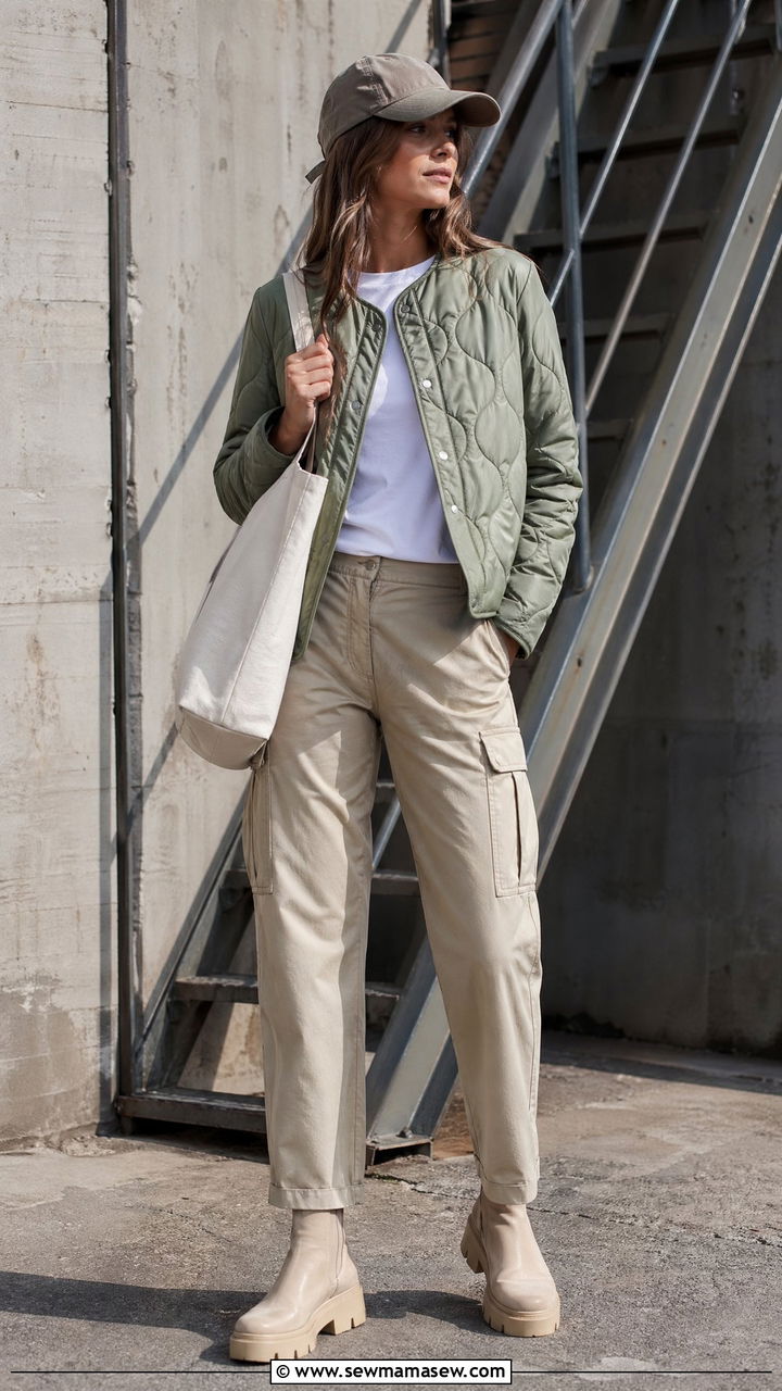 Quilted Lightweight Jacket With Relaxed Cargo Pants - 35 comfortable outfit ideas for women