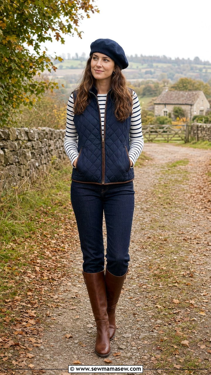 Quilted Navy Vest with Striped Long Sleeve Tee - 35 Nautical outfit ideas