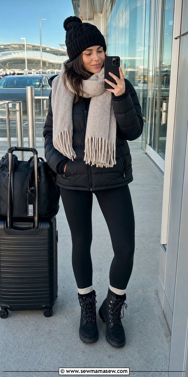 Quilted Puffer Jacket With Fleece Lined Leggings And Winter Boots - 30 airport outfits inspo