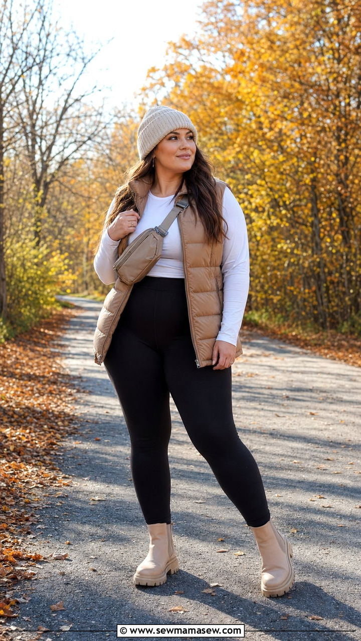 Quilted Puffer Vest with Long Sleeve Tee and Leggings - 35 outfit ideas for plus size women