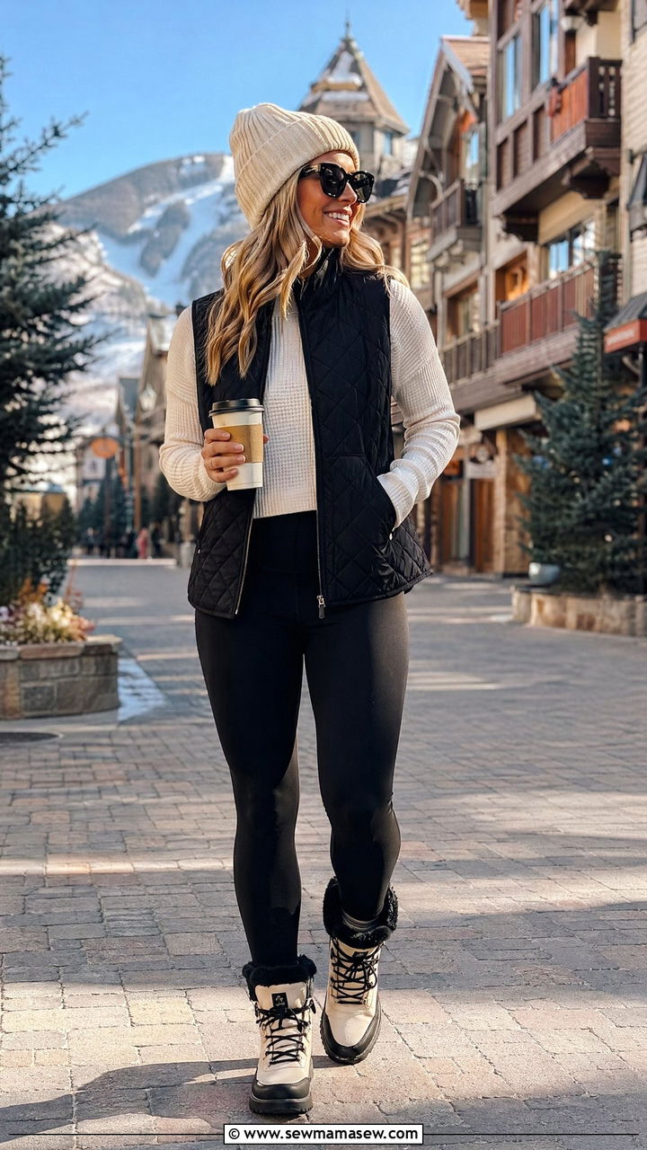 Quilted Vest And Thermal Leggings - 35 Ski resort outfit ideas
