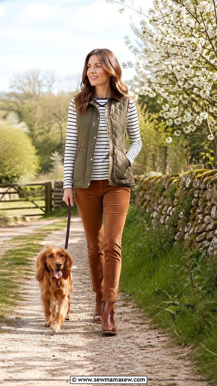 Quilted Vest Over A Striped Long Sleeve Tee And Corduroy Trousers - 30 Spring countryside outfits