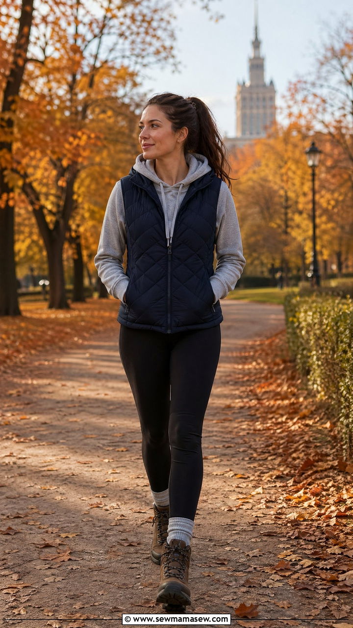 Quilted Vest Over Hoodie With Leggings And Hiking Boots - 35 Warsaw outfit ideas