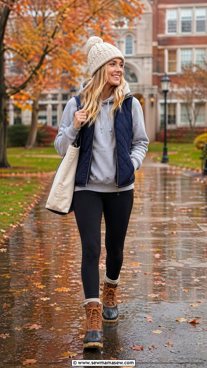 Quilted Vest Over Hoodie With Leggings - 35 college outfits 2026