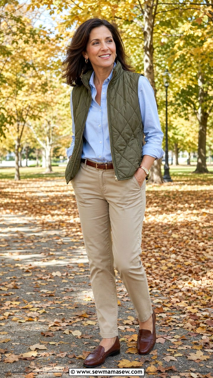 Quilted Vest Over Oxford Shirt With Chinos - 35 Old money outfits for women over 40