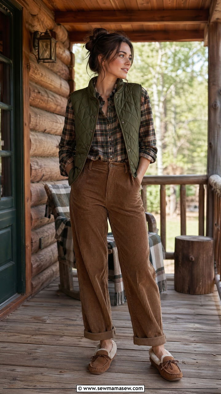 Quilted Vest Over Plaid Shirt With Corduroys And Moccasins - 35 Cottagecore outfit ideas