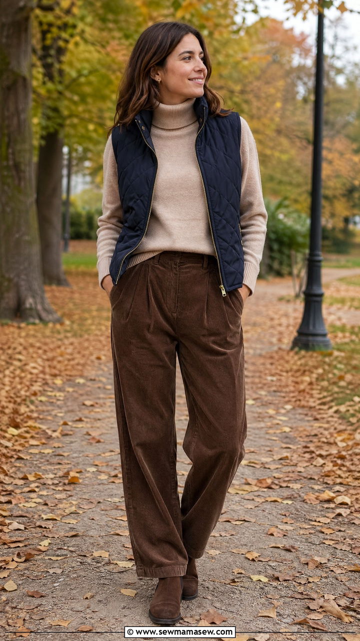Quilted Vest Over Turtleneck and Corduroy Pants - 35 Uptown girl outfit ideas