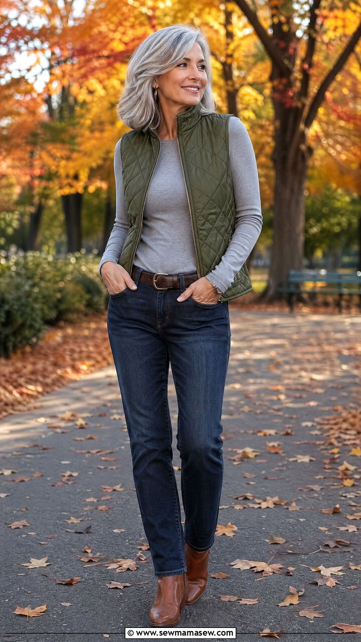 Quilted Vest With A Long Sleeve Tee And Jeans Outfit For Women Over 50 - 35 Casual outfits for women over 50