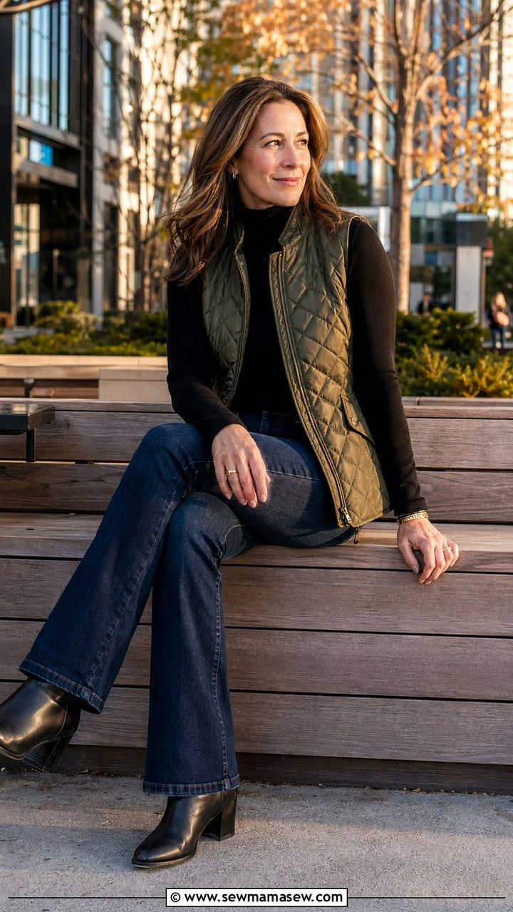 Quilted Vest With A Turtleneck And Dark Flare Jeans - 35 Mom style outfit ideas