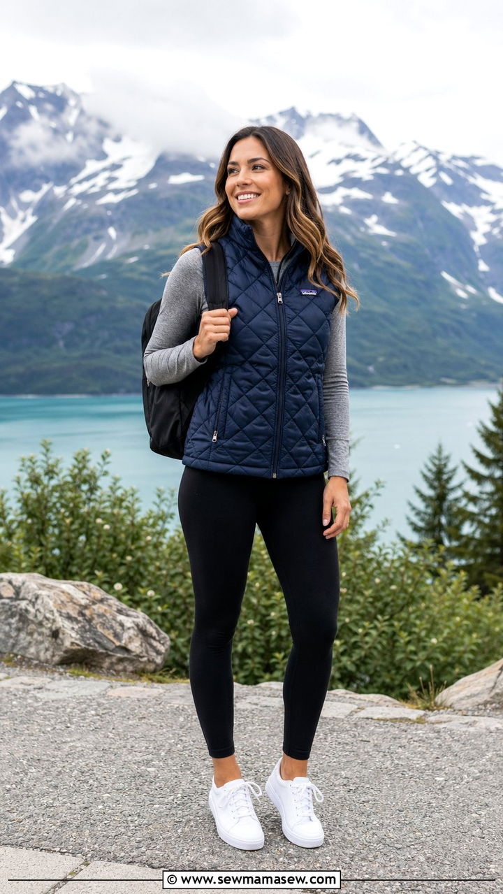 Quilted Vest With Black Leggings - 30 Alaska cruise outfit ideas