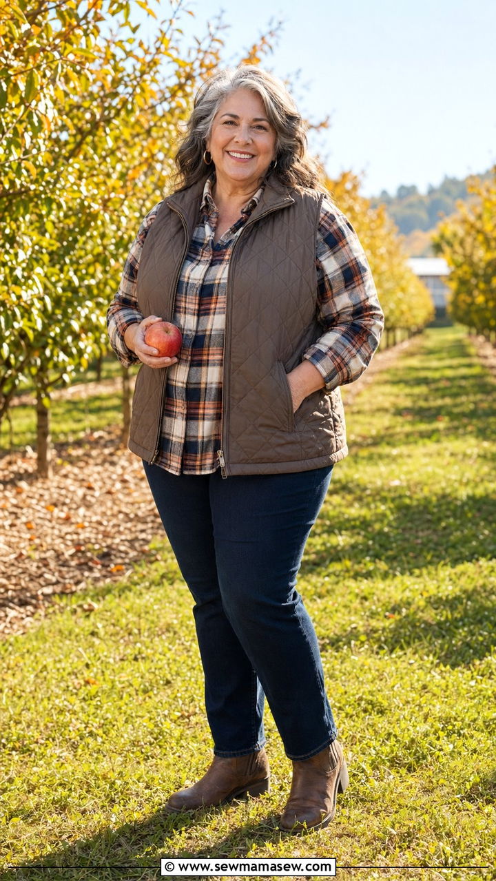Quilted Vest With Flannel Shirt And Jeans - 35 Plus size outfits for women over 50