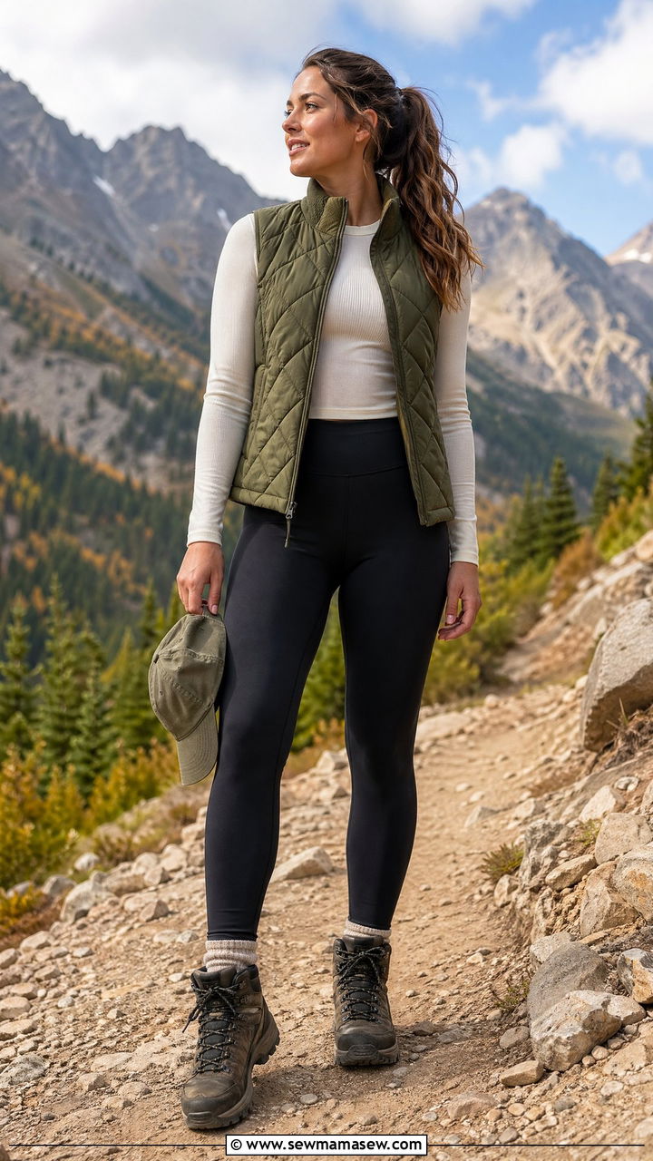 Quilted Vest With Hiking Leggings And Trail Boots - 40 vacation outfit ideas for women
