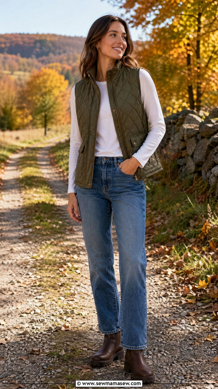 Quilted Vest With Long Sleeve Tee And Straight Leg Jeans - 35 casual outfits aesthetic