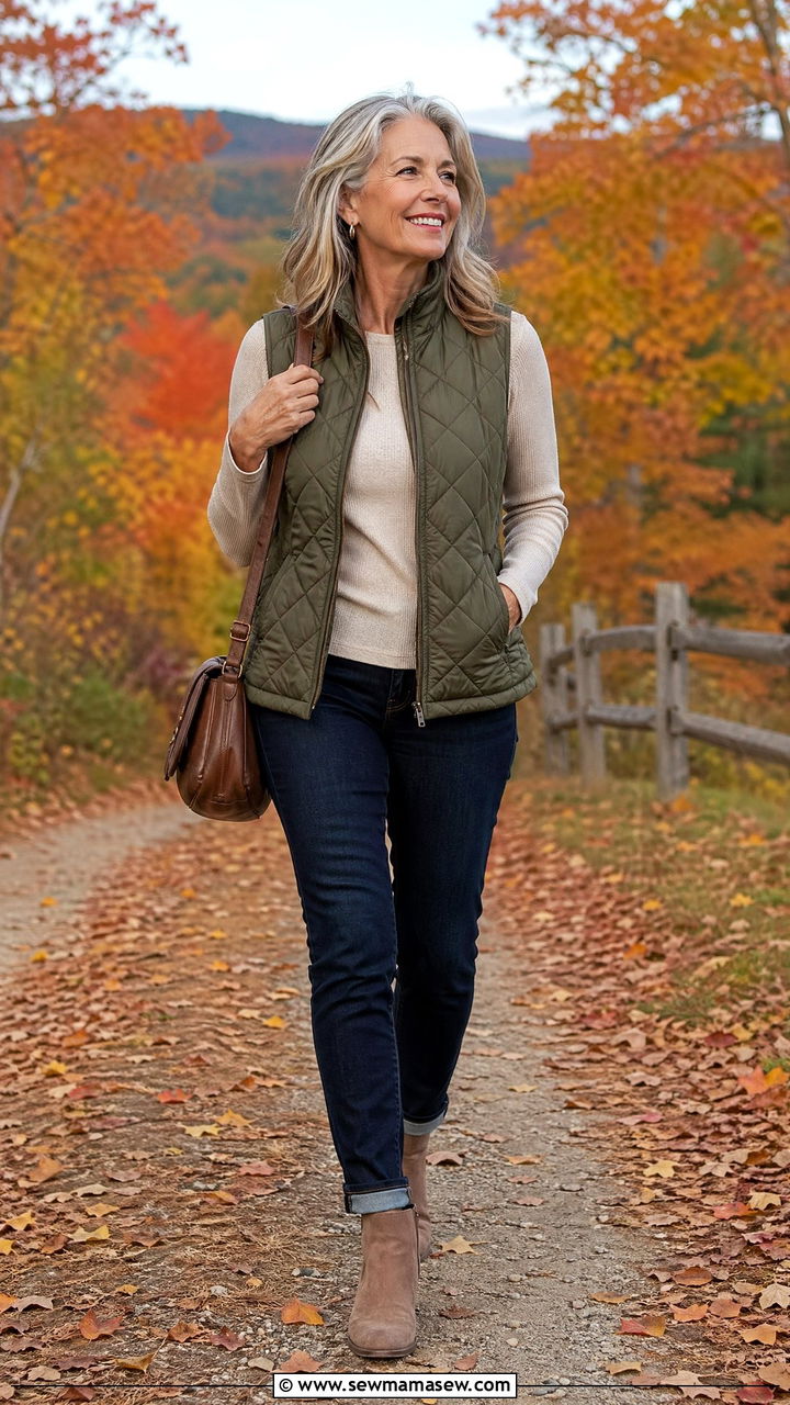 Quilted Vest With Long Sleeve Tee For Fall Travel - 35 Travel outfits for women over 50