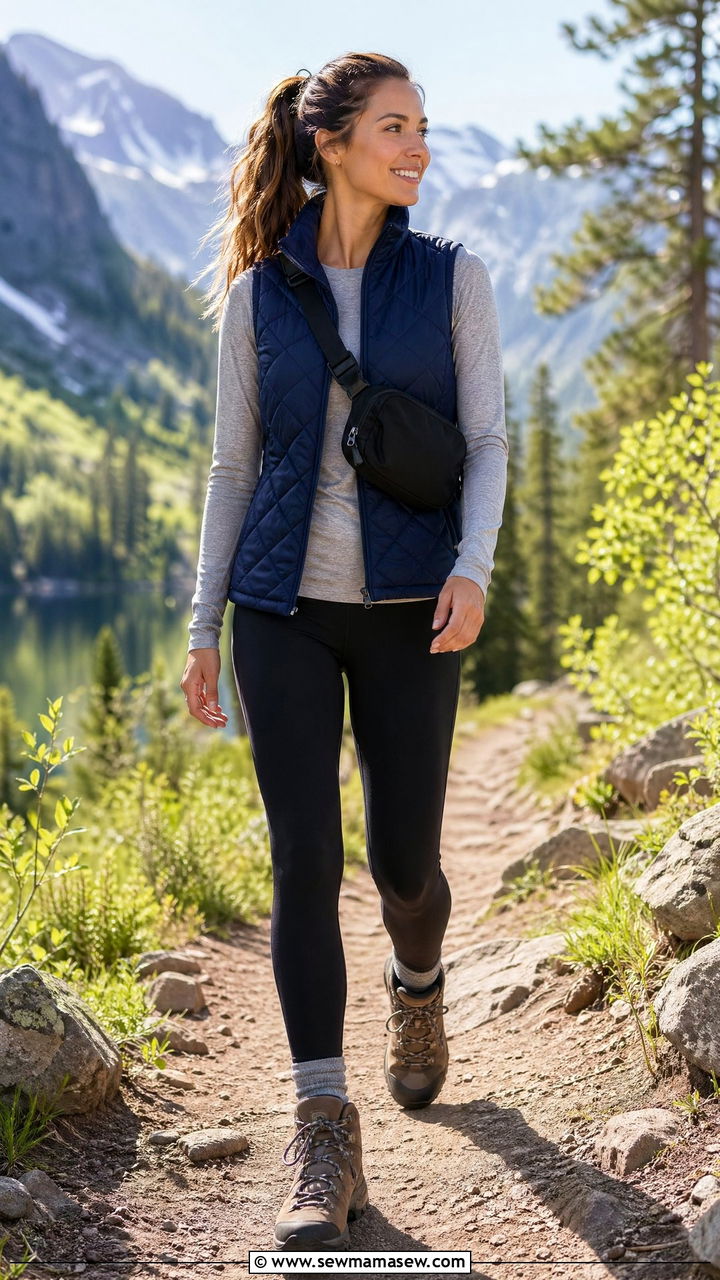 Quilted Vest With Long Sleeve Tee Leggings and Hiking Boots - 35 Spring transition outfits