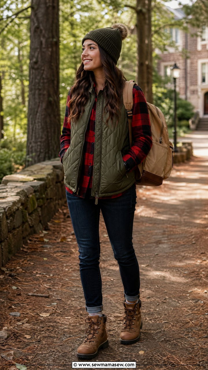 Quilted Vest and Flannel Shirt Outfit - 35 cute back to school outfits