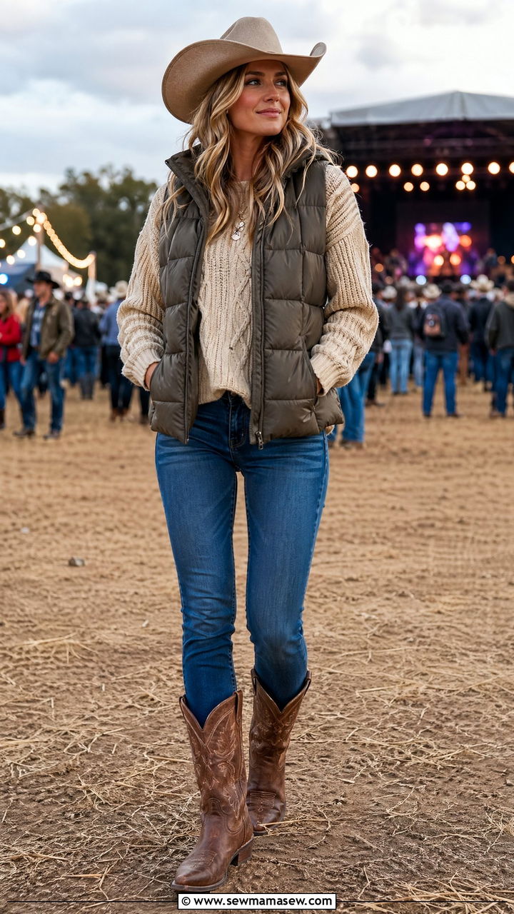 Quilted Vest and Knit Layers with Slim Jeans - 35 country concert outfit ideas for women