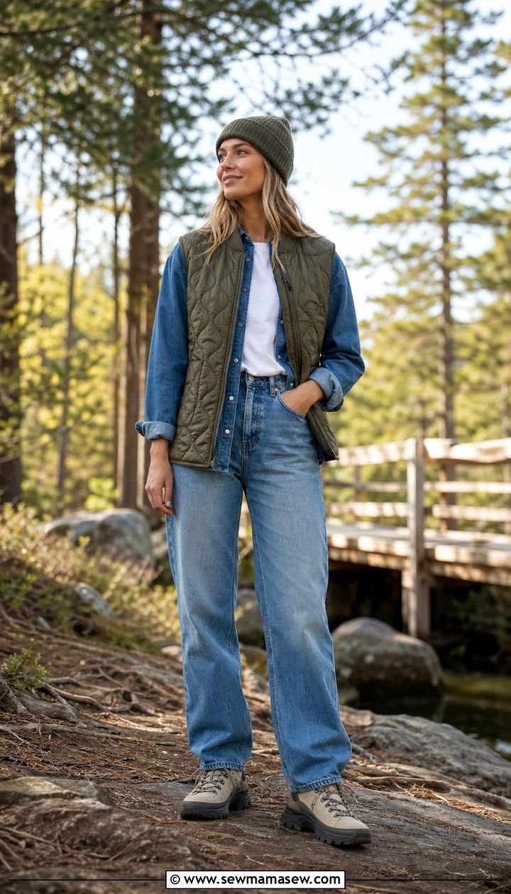 Quilted Vest and Layered Denim Shirt Outfit - 35 scandinavian outfits for women
