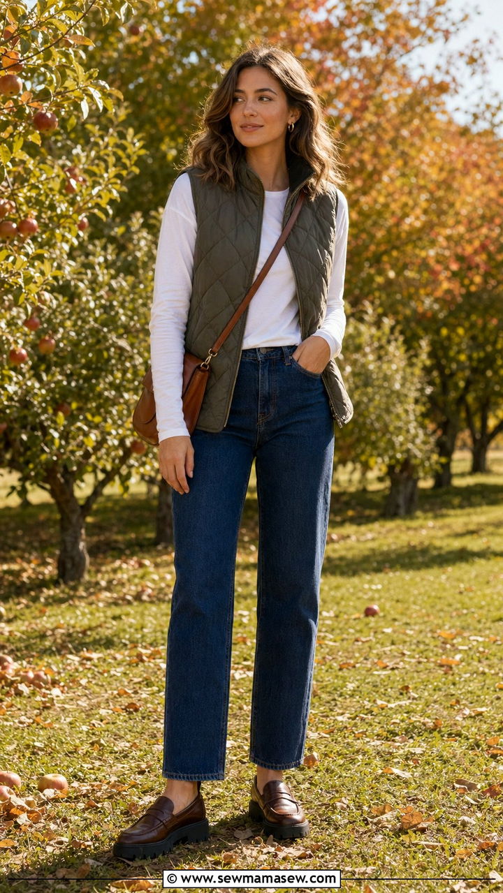 Quilted Vest and Long Sleeve Tee Outfit - 30 70 degree weather outfits