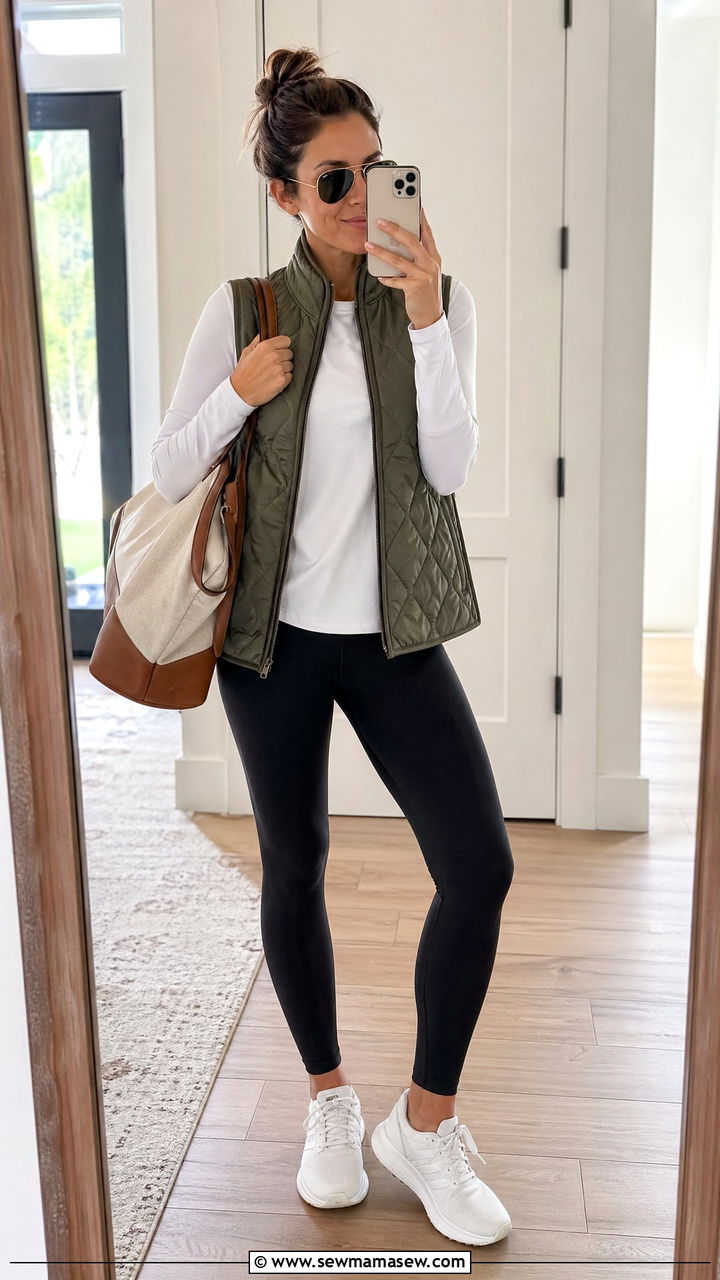 Quilted Vest and Long Sleeve Tee With Leggings Outfit - 35 transitional classy outfit ideas