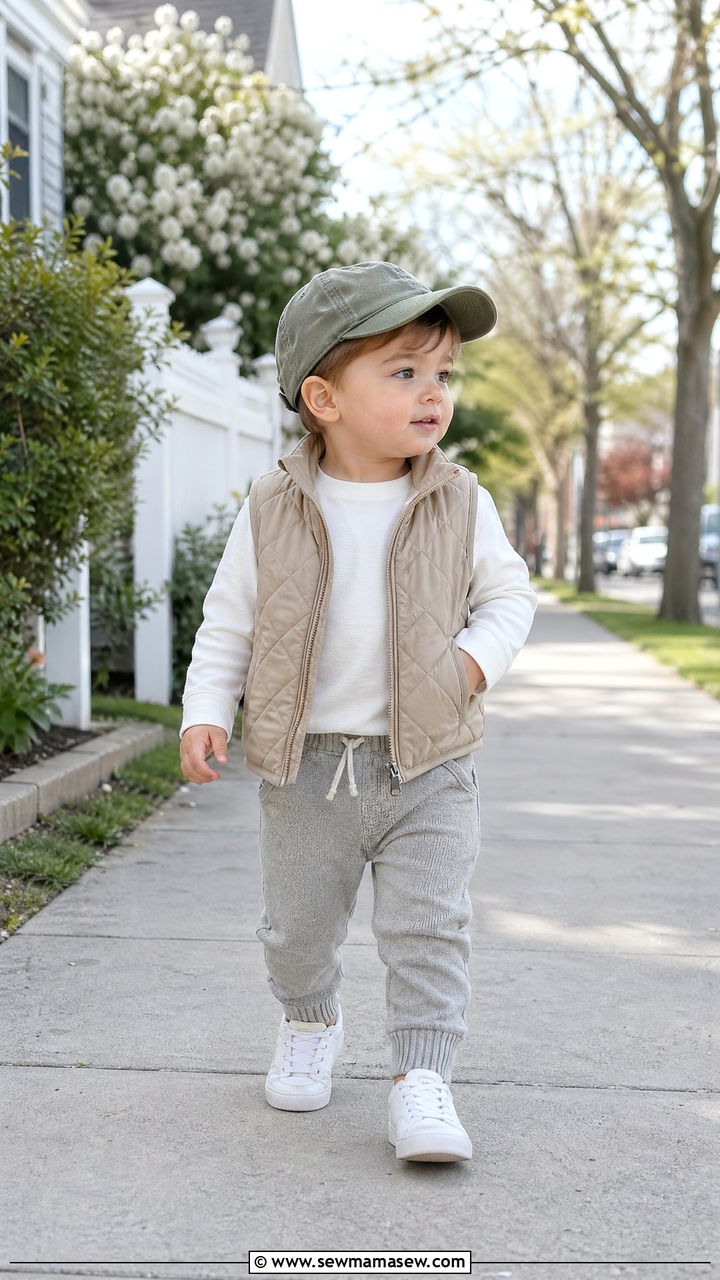 Quilted Vest over Long Sleeve Tee and Joggers - 35 Spring outfits for toddlers