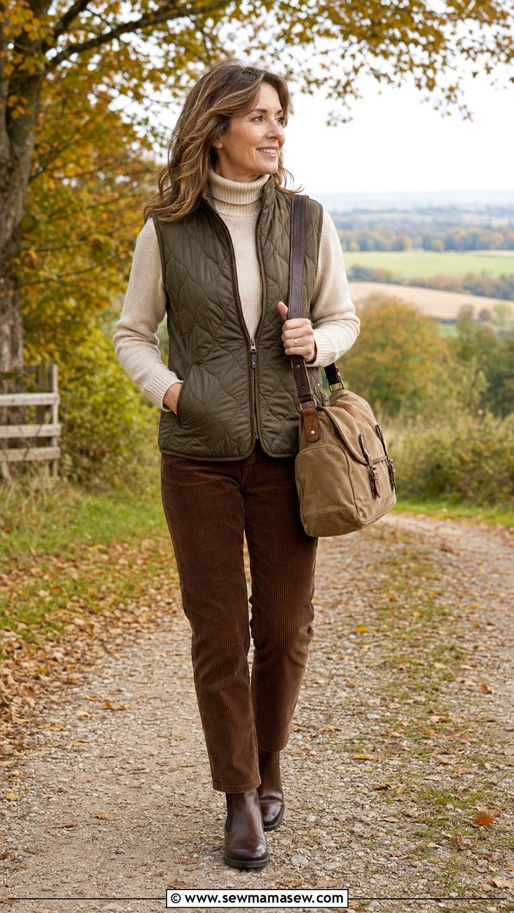 Quilted Vest with Corduroy Pants and Boots - 35 Old money outfit ideas for women over 40