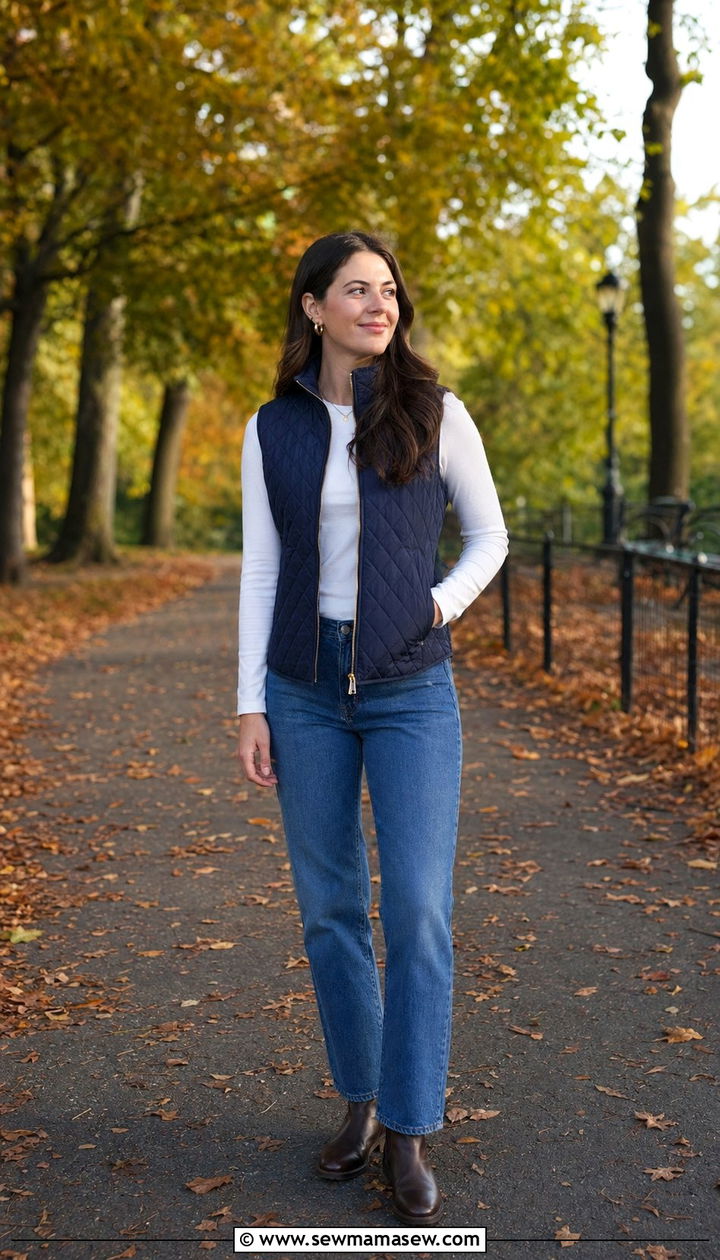 Quilted Vest with Long Sleeve Tee and Jeans - 30 60 degree weather outfits