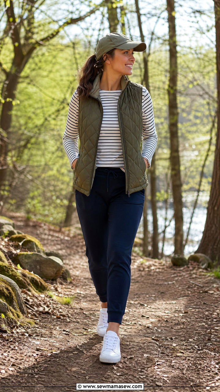Quilted Vest with Long Sleeve Tee and Joggers - 35 spring preppy outfits