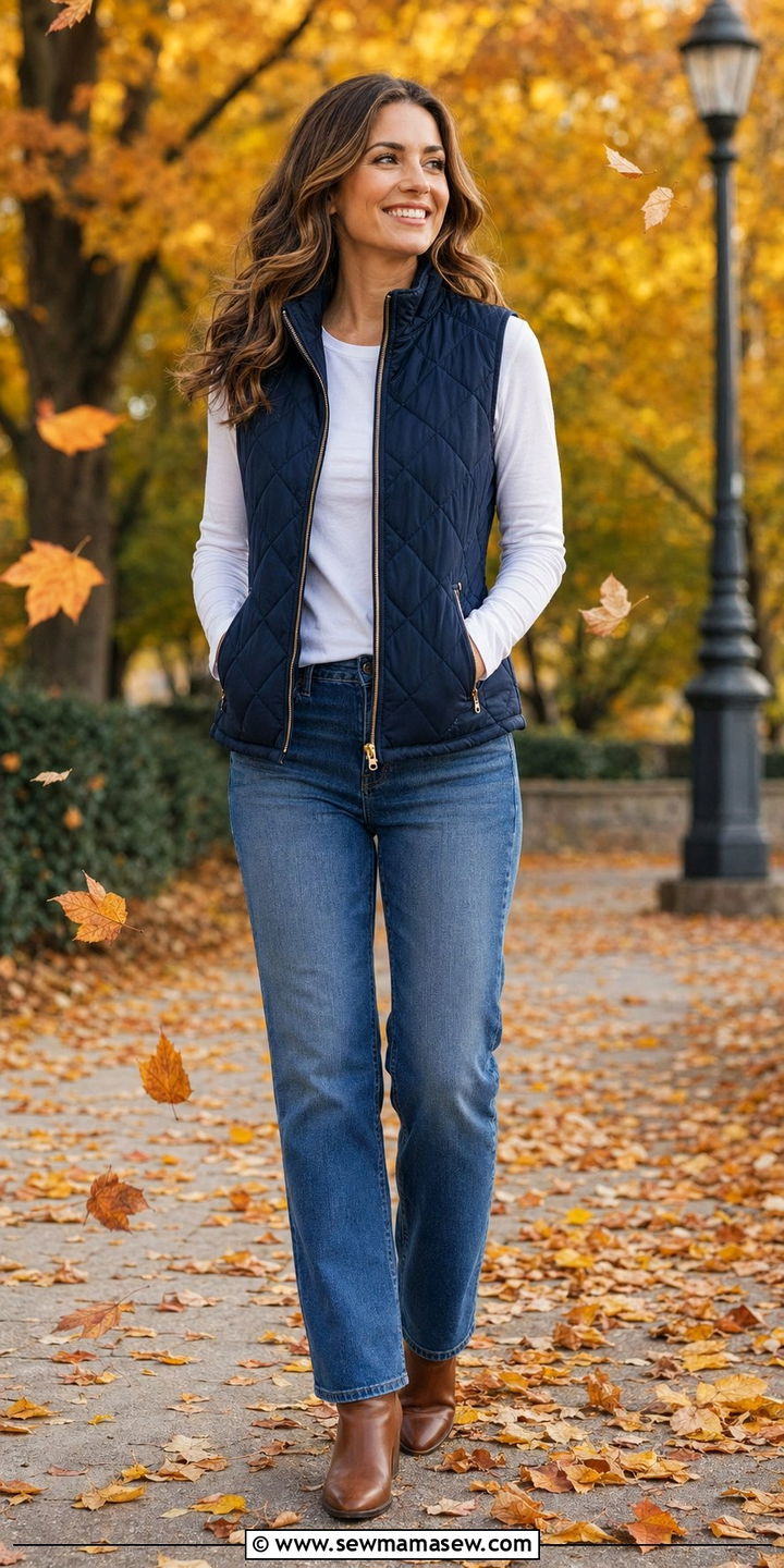 Quilted Vest with Long Sleeve Tee and Straight Leg Jeans - 30 windy day outfits for women