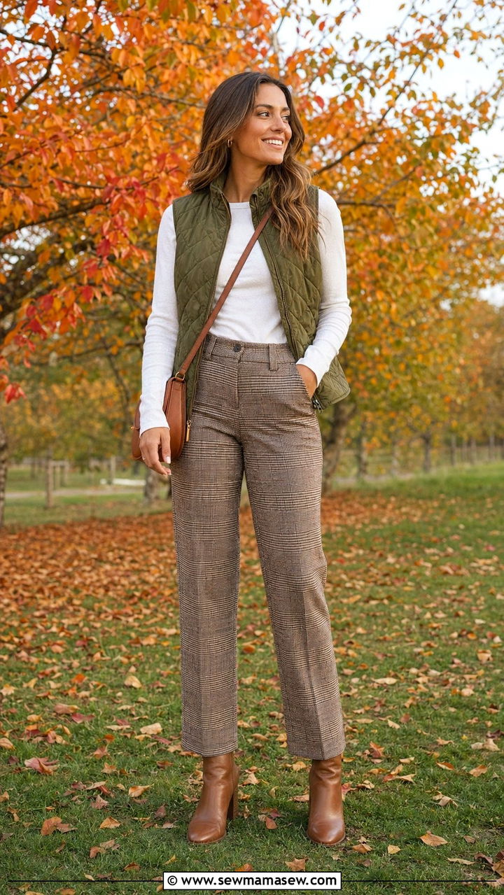 Quilted Vest with Plaid Trousers - 35 Petite outfits for women over 40