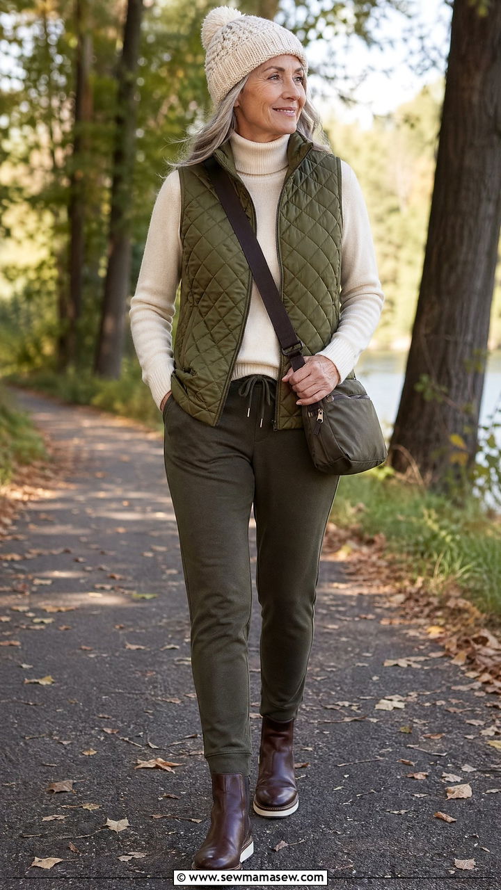 Quilted Vest with a Turtleneck and Joggers - 35 Timeless outfit ideas for older women