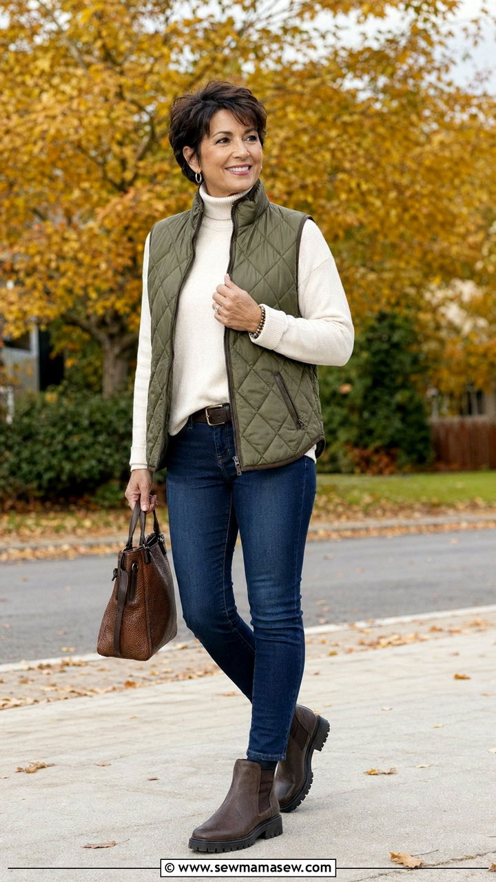 Quilted Vest with a Turtleneck and Slim Jeans - 35 Petite outfit ideas for women over 50
