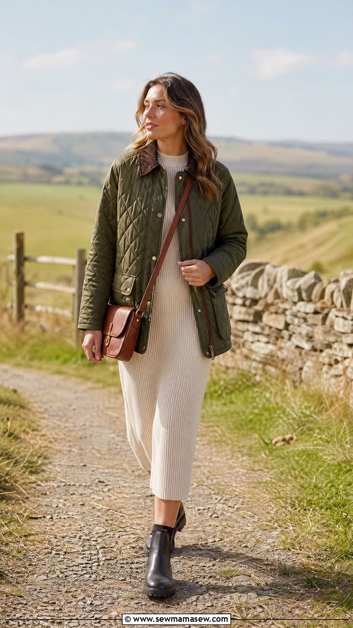 Quilted barn jacket with ribbed knit dress - 35 Weekend getaway outfit ideas