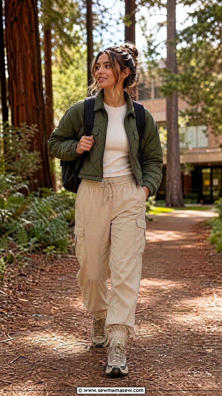 Quilted jacket and cargo joggers outfit - 35 College campus outfit ideas