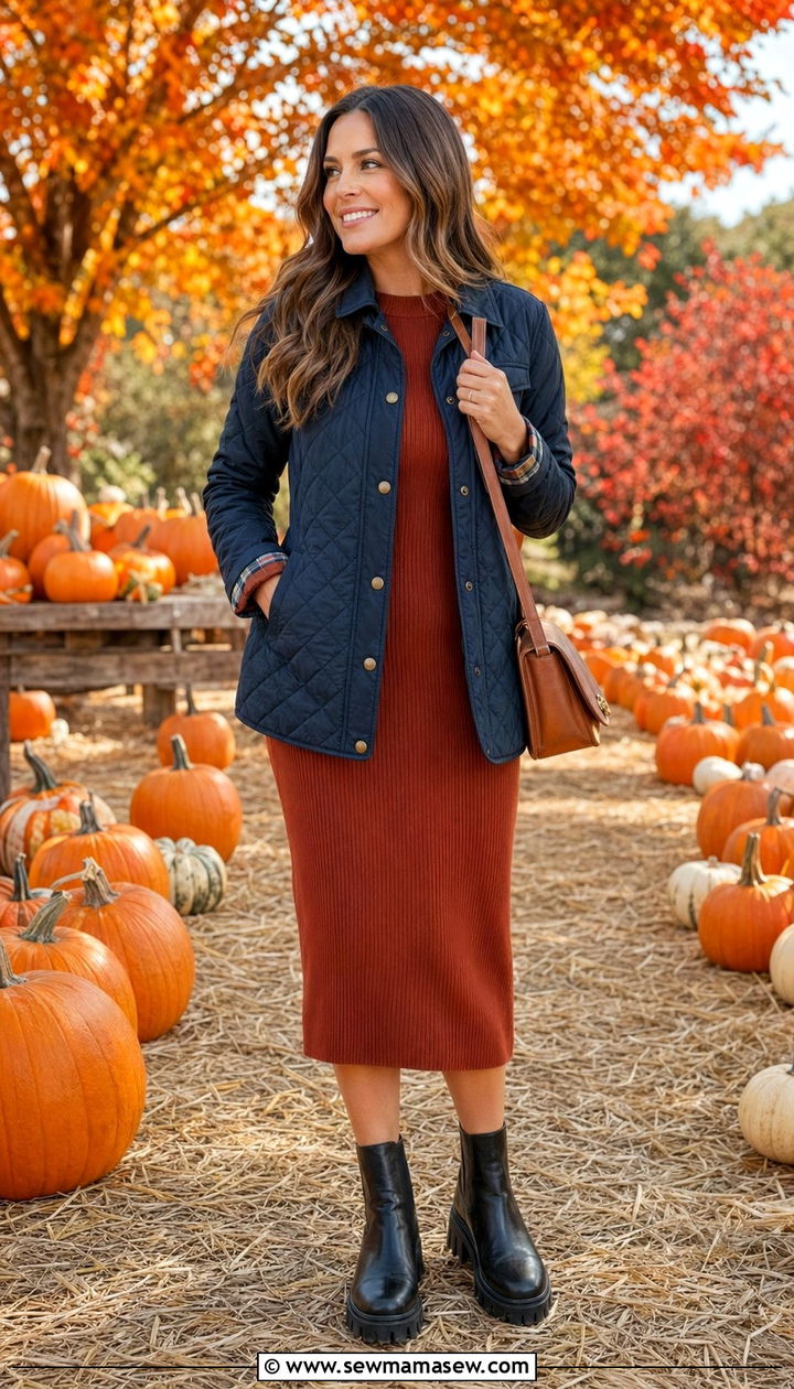 Quilted jacket and knitted dress fall - 35 Outfit ideas for women in their 30s