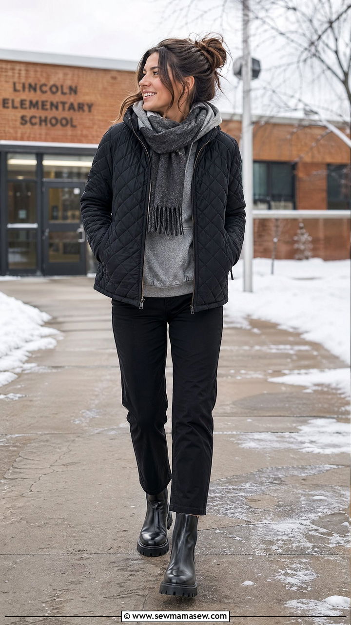 Quilted jacket over hoodie with straight pants and lug sole boots - 35 Teacher outfit ideas for school
