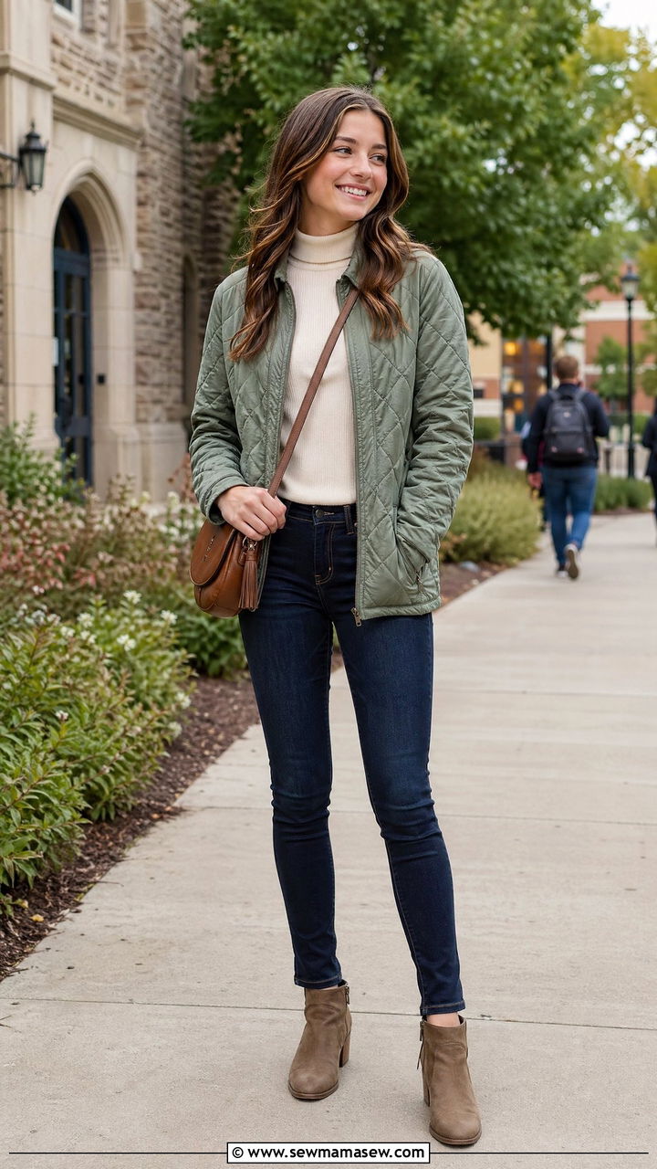 Quilted jacket with a turtleneck and dark wash skinny jeans - 35 Spring outfits for teenage girls