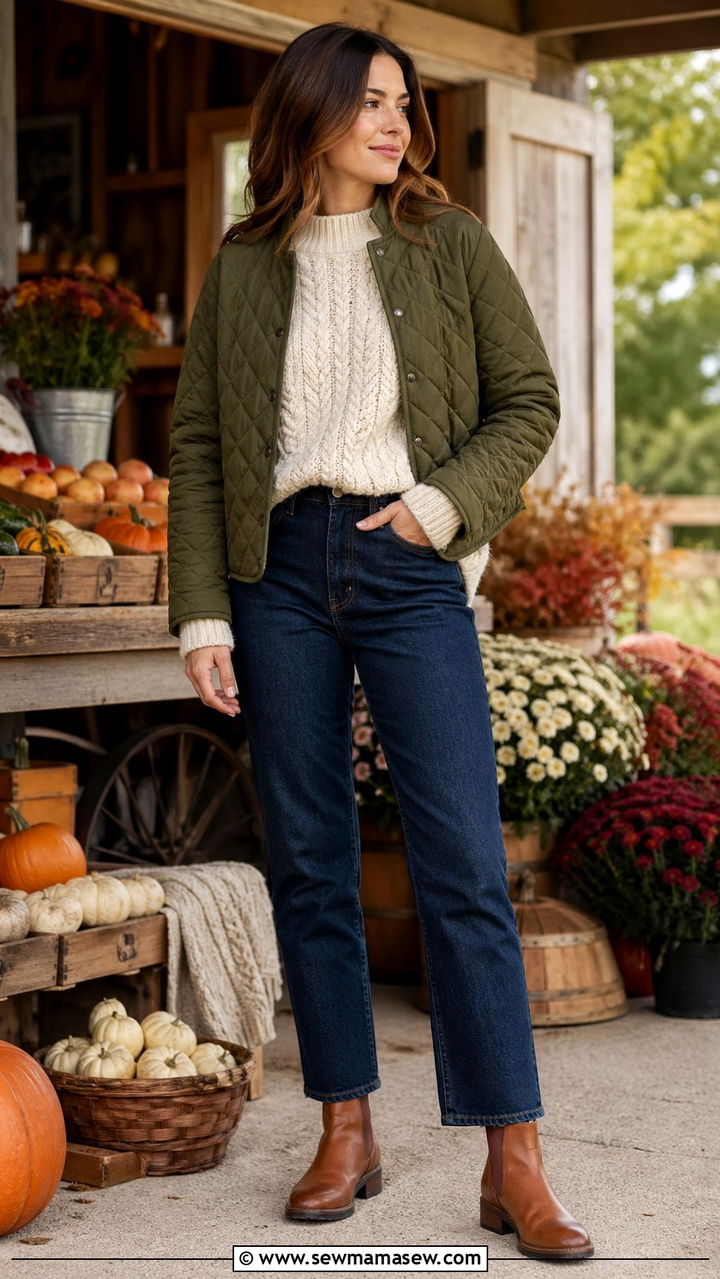 Quilted jacket with chunky knit - 30 Spring layering outfits